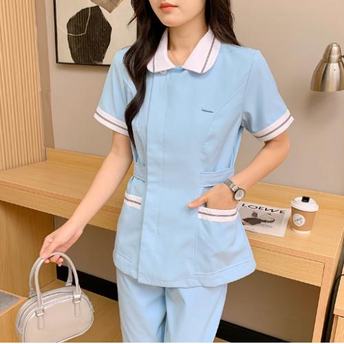 护士服短袖套装 浅蓝色修身 白红条纹领 夏季透气薄款 医用工作服